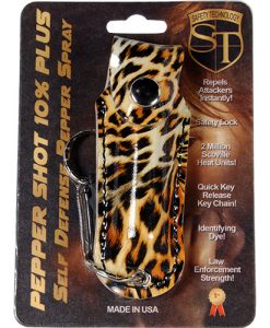 Pepper Shot 1/2 oz fashion leatherette holster and Quick Release Key Chain leopard black/orange